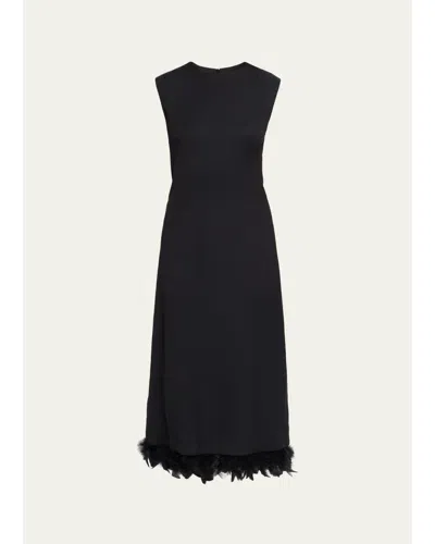 Plan C Sleeveless Feather-hem Midi Dress In Black