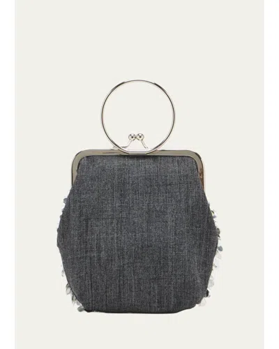 Plan C Small Metal Ring Denim Top-handle Bag In Black