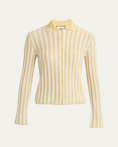Plan C Stripe Collared Wool Cardigan In Light Yellow White