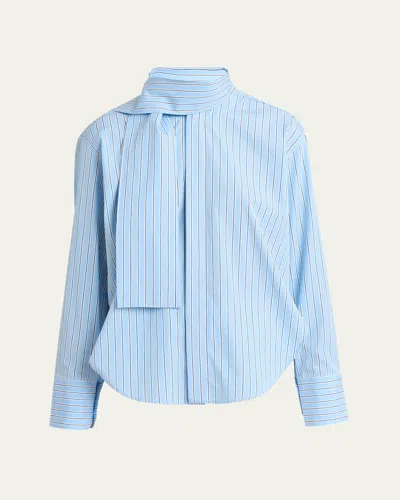 Plan C Stripe Scarf-neck Button Down Blouse In Blue  White  Sky