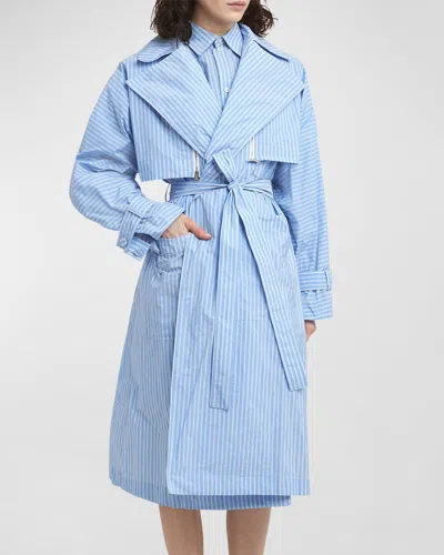 Plan C Striped Belted Long Trench Coat In Blue Stripe