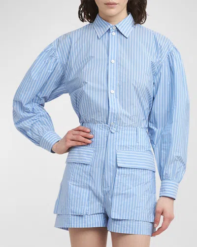 Plan C Striped Blouse-sleeve Button-front Shirt In Blue Stripe