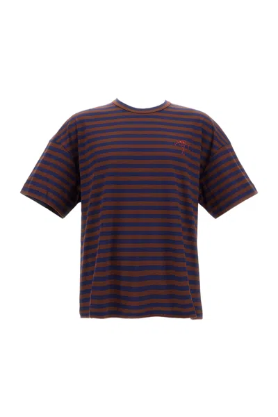 Plan C Striped Crew-neck Cotton T-shirt With Embroidered Detail In Blue