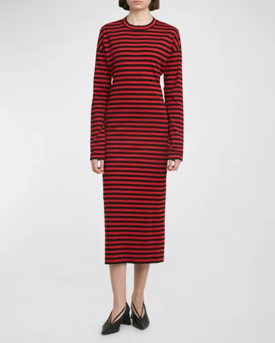 Plan C Striped Long-sleeve Midi T-shirt Dress In Red Striped
