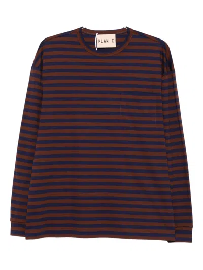 Plan C Striped Pocket-detail T-shirt In Brown