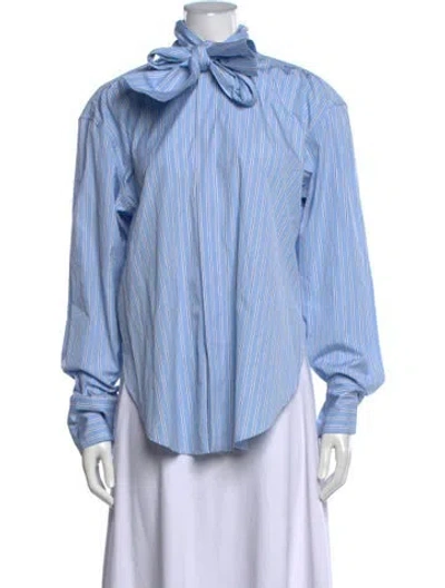 Pre-owned Plan C Striped Tie Neck Blouse In Blue