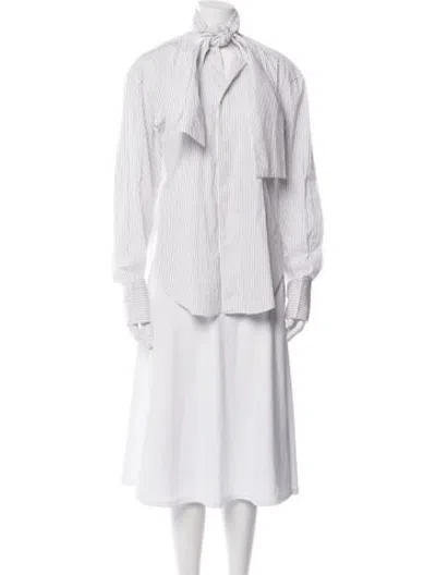 Pre-owned Plan C Striped Tie Neck Top In White