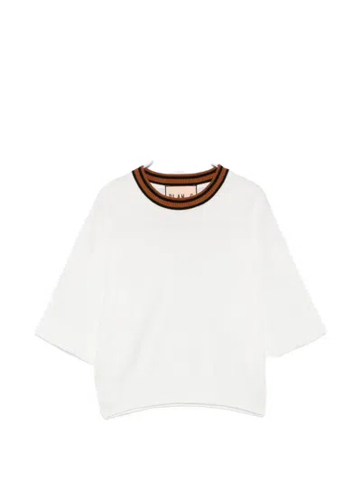 Plan C Stripe-trim Short-sleeve Top In White