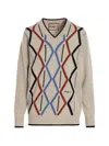 Plan C Geometric Pattern V-neck Knit Sweater In Neutral