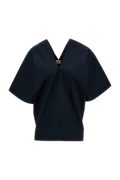 Plan C V-neck Cotton Top With Wide Short Sleeves In Blue