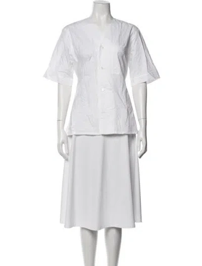 Pre-owned Plan C V-neck Three-quarter Sleeve Button-up Top In White