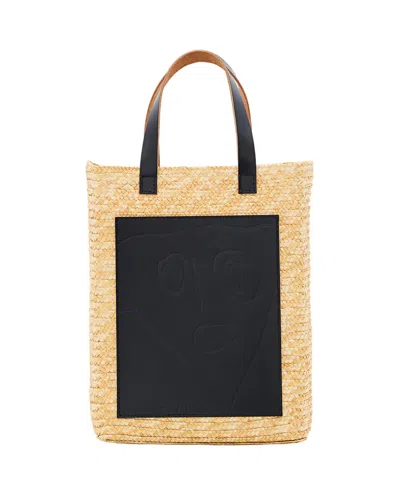 Plan C Woven Straw Medium Shopper Bag With Adjustable Strap And Abstract Design In Black
