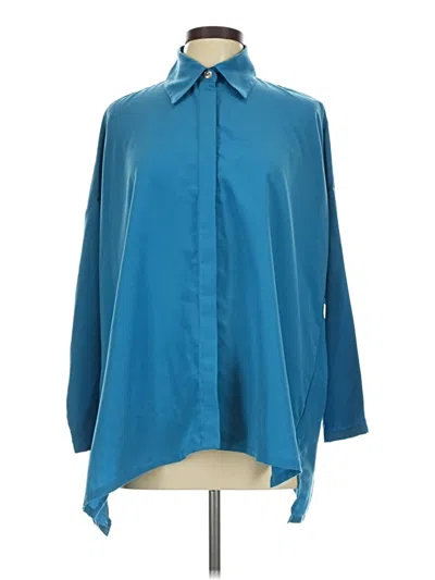 Pre-owned Planet By Lauren G 3/4 Sleeve Silk Top Teal Color Block Pattern Tie Neck Tops