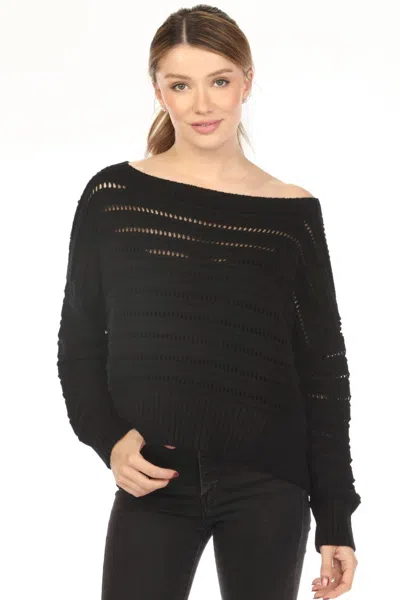 Planet By Lauren G Cotton Loomed Boat Neck Sweater Top In Midnight In Black