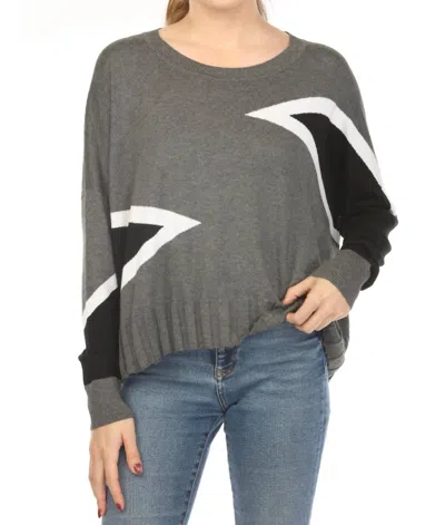 Planet By Lauren G Mini Triangle Crew Neck Sweater Top In Asphalt/black/white In Gray