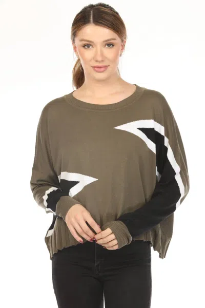 Planet By Lauren G Mini Triangle Crew Neck Sweater Top In Loden/black/white In Green