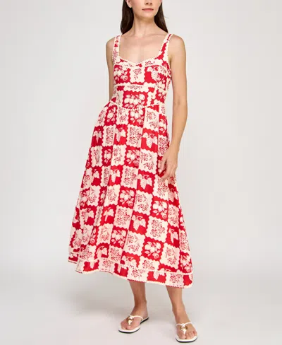 Planet Gold Juniors' Floral-print Pom Pom-trim Dress
