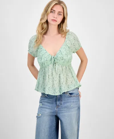 Planet Gold Juniors' Floral-print Puff-sleeve Babydoll Top