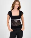 Planet Gold Juniors' Square-neck Cap-sleeve Lace Top In Black