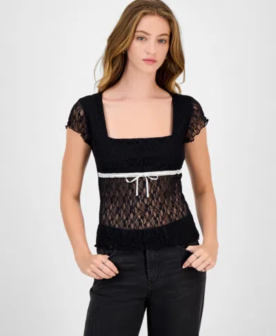 Planet Gold Juniors' Square-neck Cap-sleeve Lace Top In Black