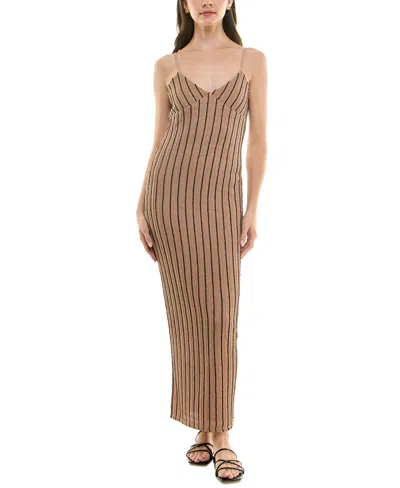 Planet Gold Juniors' Textured Striped Knit Maxi Dress In Beige,khaki