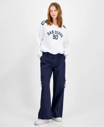 Planet Gold Juniors' Varsity Graphic Bubble-hem Sweatshirt In White