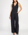Planet Gold Juniors' Woven V-neck Sleeveless Jumpsuit In Black