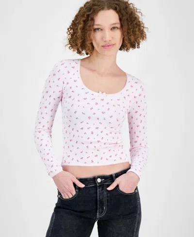 Planet Heart Crop Top Women's Pink Ditsy Floral Long Sleeve Scoop Neck Pall192