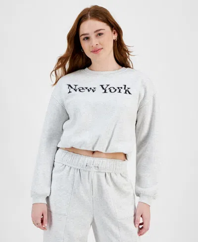 Planet Heart Juniors' Bubble Hem Varsity Crewneck Sweatshirt In Quiet Heat