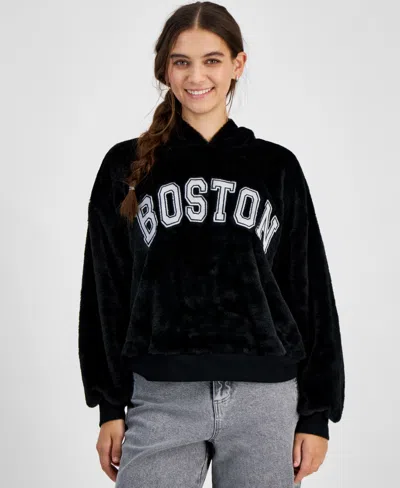 Planet Heart Juniors' Cozy Faux-fur Hoodie In Black
