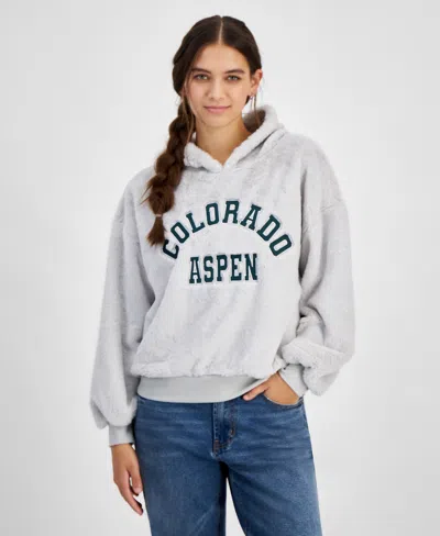 Planet Heart Juniors' Cozy Faux-fur Hoodie In Quiet Grey