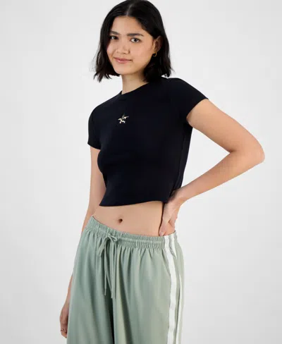Planet Heart Juniors' Crop Leopard-heart Crewneck Top In Black