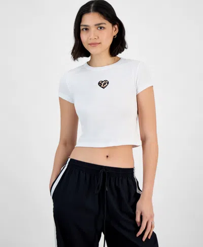 Planet Heart Juniors' Crop Leopard-heart Crewneck Top In White