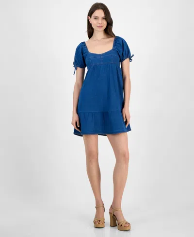 Planet Heart Juniors' Denim Puff-sleeve Mini Dress In Mid Blue Wash