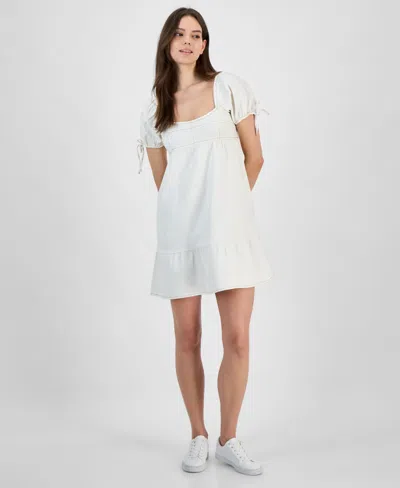Planet Heart Juniors' Denim Puff-sleeve Mini Dress In Off White Wash