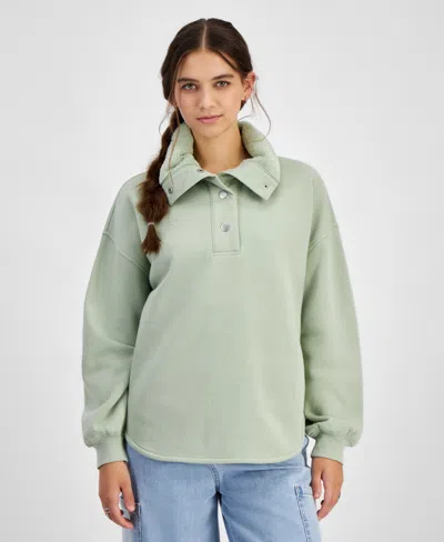 Planet Heart Juniors' Faux-fur Collar Fleece Henley In Desert Sage