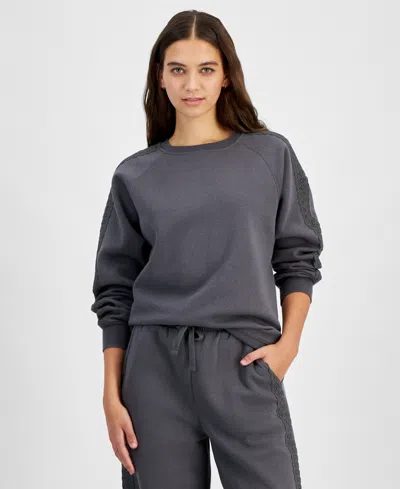 Planet Heart Juniors' Fleece Crochet-trim Crewneck Sweatshirt In Granite