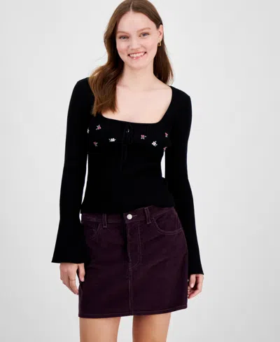 Planet Heart Juniors' Floral Embroidered Sweater In Black Beauty