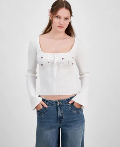 Planet Heart Juniors' Floral Embroidered Sweater In Egret