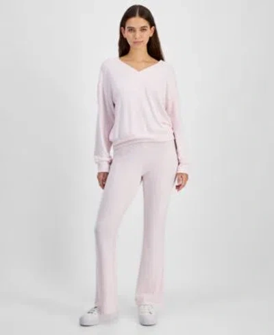 Planet Heart Juniors Hacci Knit V Neck Pullover Top Flare Leg Pull On Pants In Blue Opal