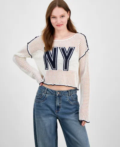 Planet Heart Juniors' Open-knit Long-sleeve Novelty Sweater In Bright White