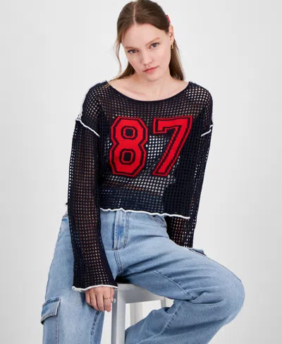 Planet Heart Juniors' Open-knit Long-sleeve Novelty Sweater In Navy Blazer