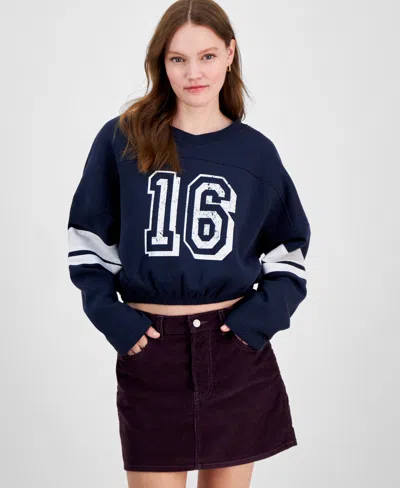 Planet Heart Juniors' Bubble Hem Varsity Sweatshirt In Navy Blazer