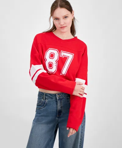 Planet Heart Juniors' Bubble Hem Varsity Sweatshirt In Red