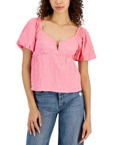 Planet Heart Juniors' Smocked Puff-sleeve Peplum Top In Agave Pink