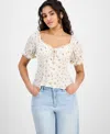 Planet Heart Juniors Sweetheart Neck Puff Sleeve Top Celebrity Pink Wide Leg Elastic Back Jeans In Neutral