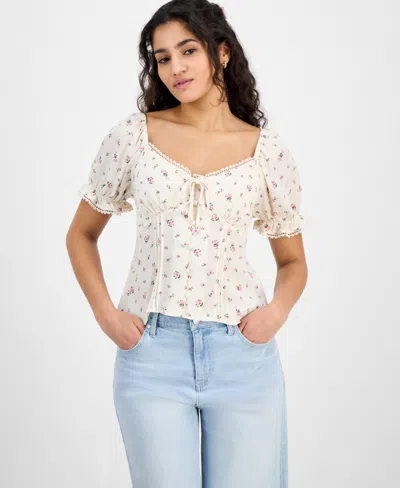Planet Heart Juniors' Sweetheart-neck Puff-sleeve Top