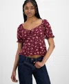 Planet Heart Juniors' Sweetheart-neck Puff-sleeve Top In Burgundy