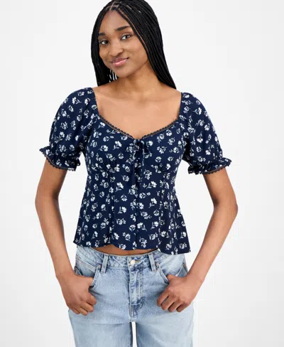 Planet Heart Juniors' Sweetheart-neck Puff-sleeve Top