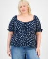 Planet Heart Trendy Plus Puff-sleeve Woven Top In Blue